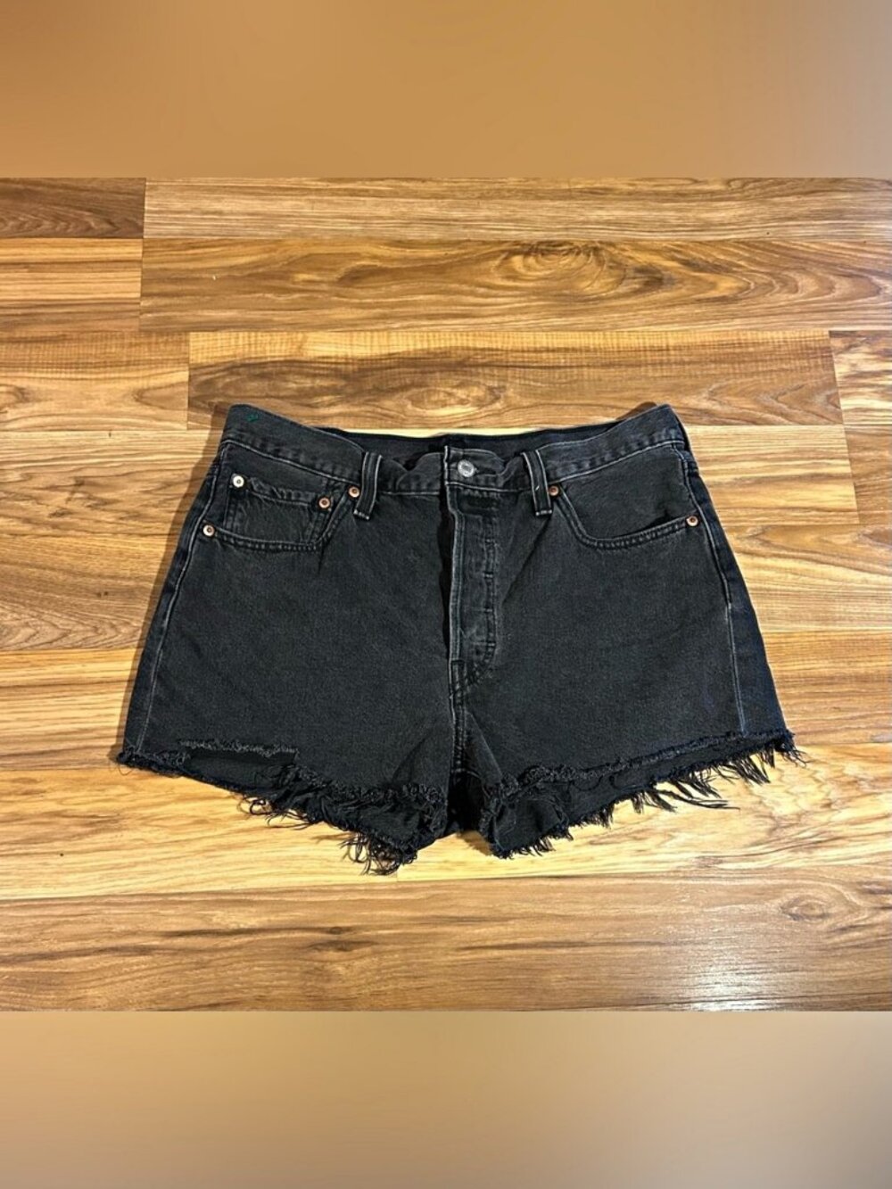 Levis 501 Black Distressed Denim High Rise Button Fly Frayed Cut Off Shorts~32~